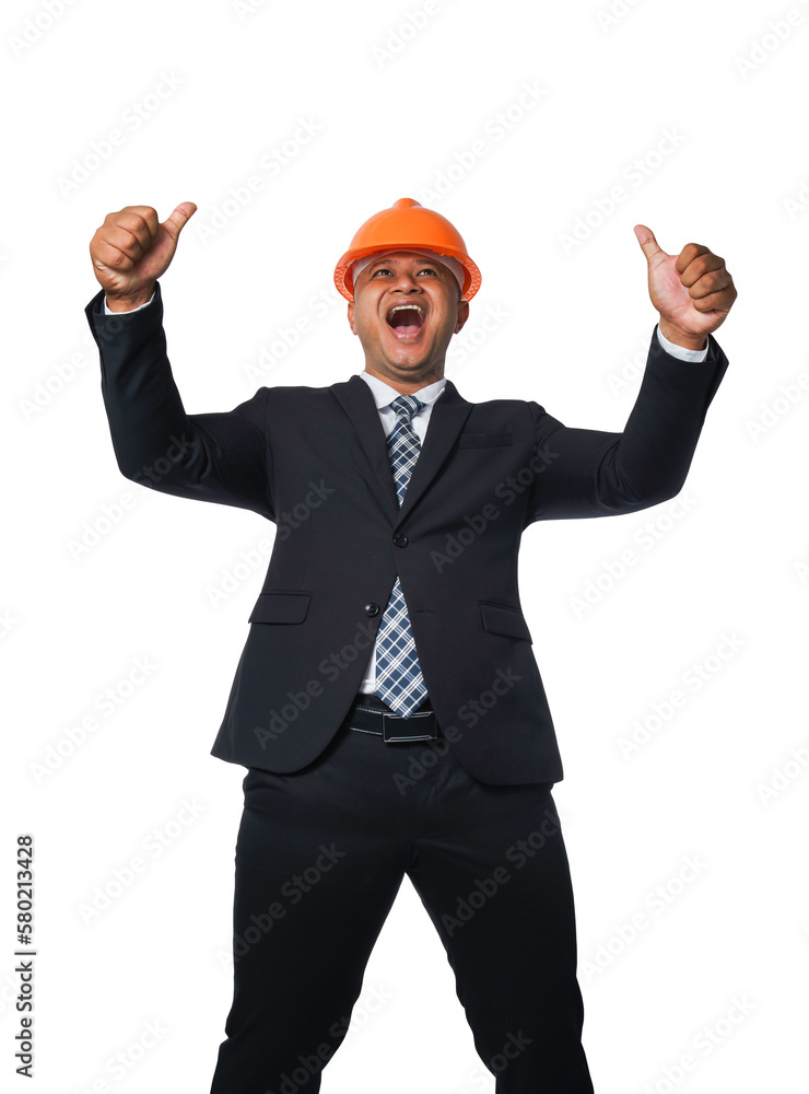 Portrait of a handsome chief engineer wearing a black suit and hard hat clenching his fists in a very happy gesture transparent background,png file.
