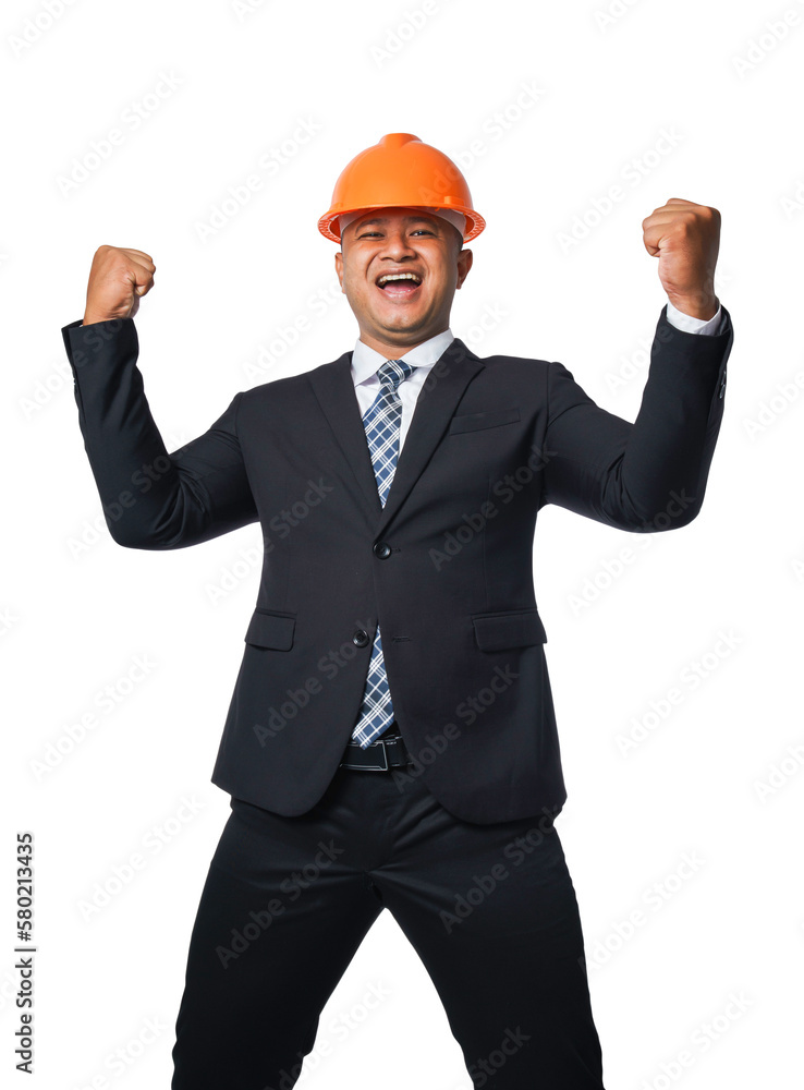 Portrait of a handsome chief engineer wearing a black suit and orange helmet clenching his fists in a very happy gesture isolatedtransparent background,png file. Portrait of a handsome chief engineer wearing a black suit and orange helmet clenching his fists in a very happy gesture isolatedtransparent background,png file.