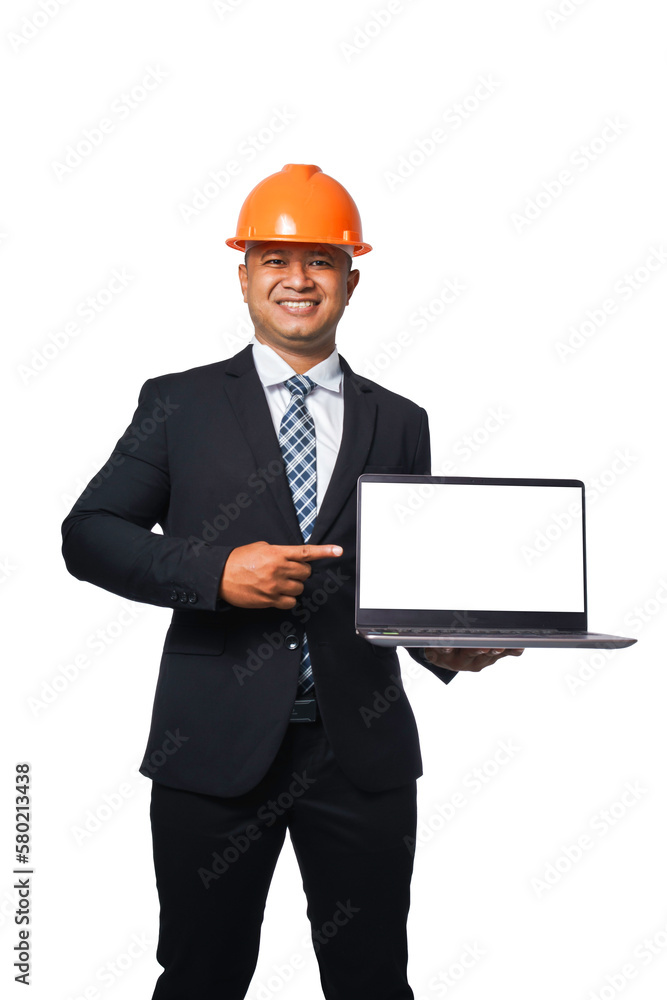 Portrait of a handsome chief engineer wearing a black suit and orange helmet holding a laptop transparent background,png file. Portrait of a handsome chief engineer wearing a black suit and orange helmet holding a laptop transparent background,png file.