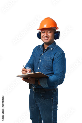 The young engineer wears a helmet and earmuffs, and wears a long-sleeved shirt and trousers. Standing on the clipboard, taking notes and smiling happily. transparent background,png file.