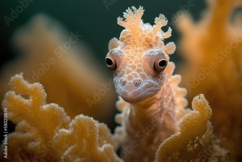 In the midst of a soft coral reef, a pygmy seahorse stares intently into the camera. Generative AI