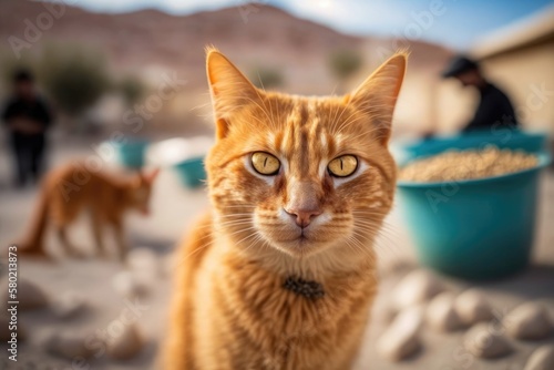A scared red street cat eats food and looks at the camera while it does so. On a sunny day, a ginger stray cat eats some cat food and looks at the camera. Getting people to take care of stray animals