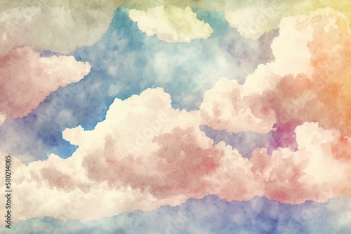 Watercolor clouds and sky in an old painting. Clouds and sky are painted in pastel on rough watercolor paper. Retro art deco summer wallpaper or background with a great grit and a flair for the creati