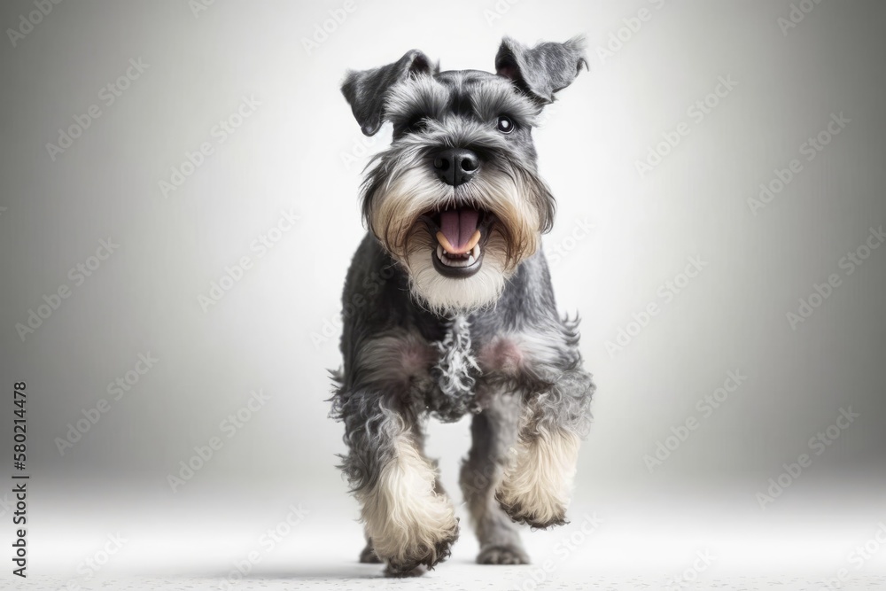 Schnauzer dog is happy, cute, and funny. It is standing on a white background. Generative AI