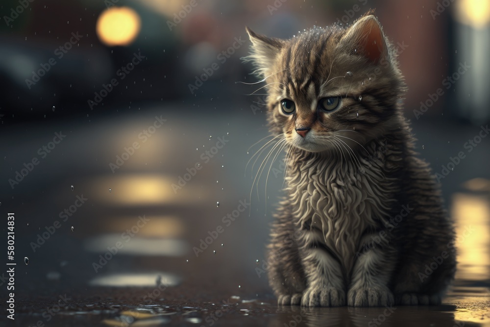 A sad, wet, and homeless kitten was on the street after it rained. The idea of helping animals who are homeless. Generative AI