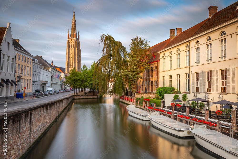 Flemish and ornate architecture of idyllic Bruges with canal, Flanders, Belgium