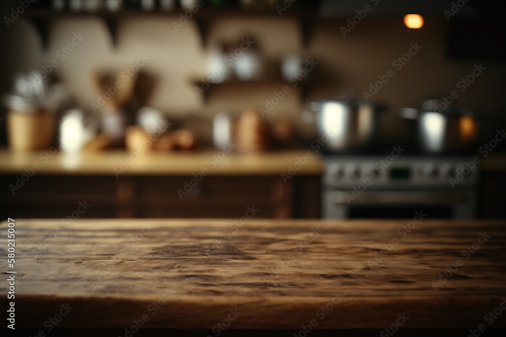 Kitchen wooden table top with blur background. Created with Generative AI Technology