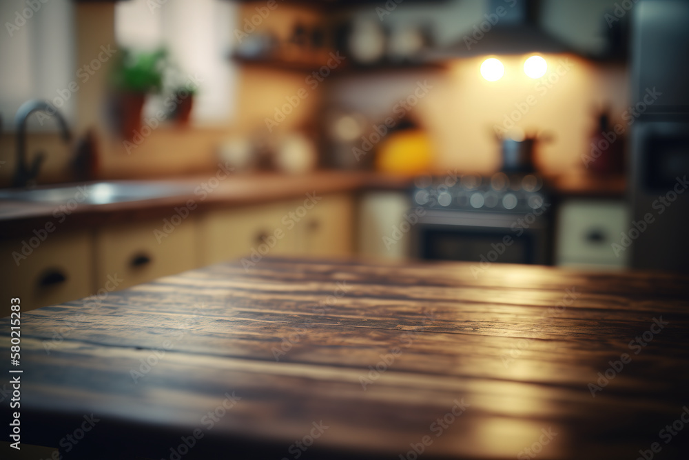 Kitchen wooden table top with blur background. Created with Generative AI Technology Kitchen wooden table top with blur background. Created with Generative AI Technology