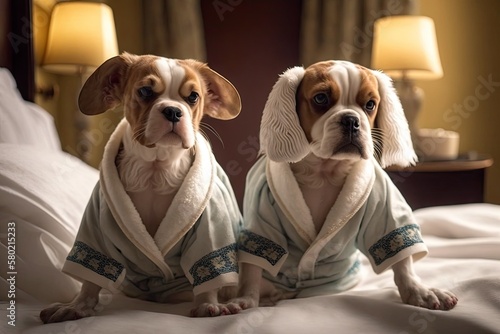 Two dogs are getting ready for a trip by putting on bathrobes in a hotel. Idea that s good for pets. Generative AI