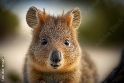 Portrait of a cute Quokka, a small kangaroo, taken up close at Rottnest Island in Perth, Western Australia. Generative AI © AkuAku