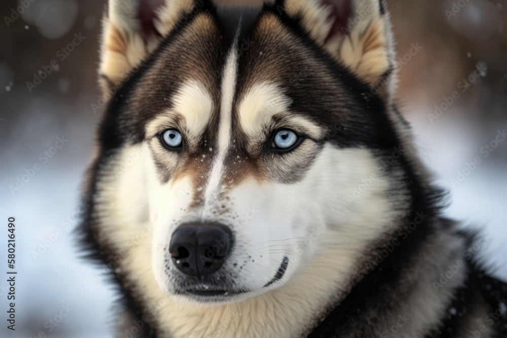 A husky dog used for sledding sports as a portrait. Northern Canada's working sled dogs, often known as mushing dogs. Generative AI