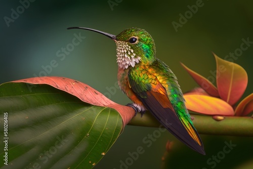 Orthorhyncus cristatus, a species of hummingbird native to the Greater Antilles, perched on a leaf in Grenada, Grenada. Generative AI
