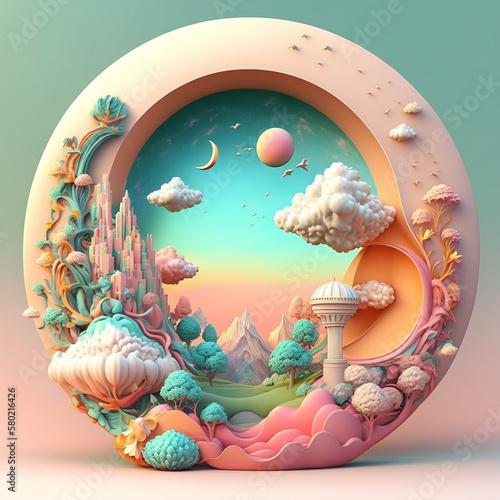 Illustration of a magical landscape as a statuette, ornament, souvenir or pillar. Porcelain artwork with rainbow pastel colors made with Generative AI