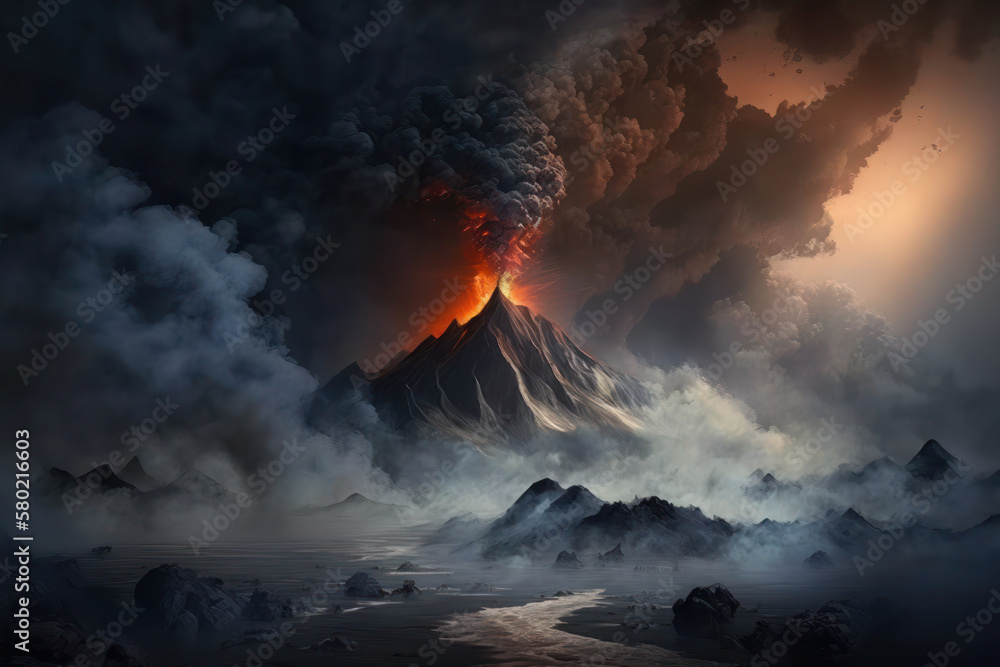 A fiery spectacle in the mountains! Witness the volcanic eruption amidst the misty, smoggy, and foggy surroundings. Generative AI