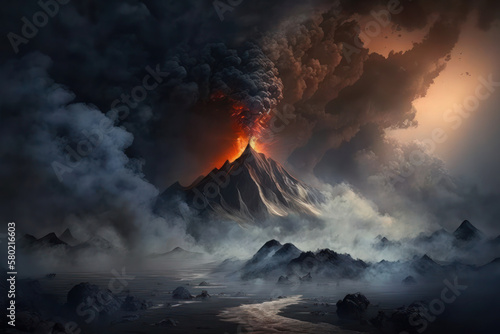 A fiery spectacle in the mountains! Witness the volcanic eruption amidst the misty, smoggy, and foggy surroundings. Generative AI