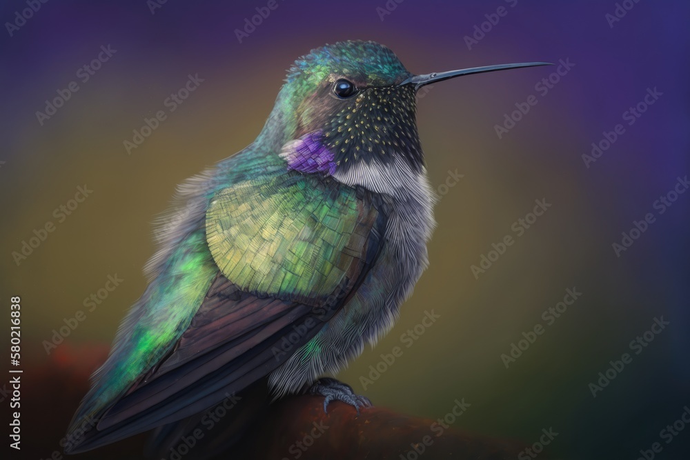 Fototapeta premium In front of a deep green background, a female Costa's hummingbird. Its head is still, but the wings, tail, and feet are blurred from flight. It has some fluff on its feet and some cobweb on its head