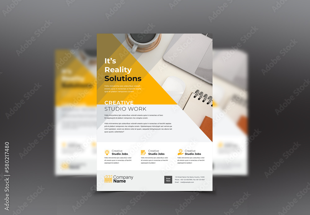 Creative Flyer Layout with Graphic Elements and Orange Accents Stock ...