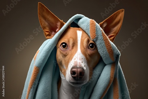 Funny basenji dog wrapped in a towel after getting cleaned up in the bathroom. Generative AI