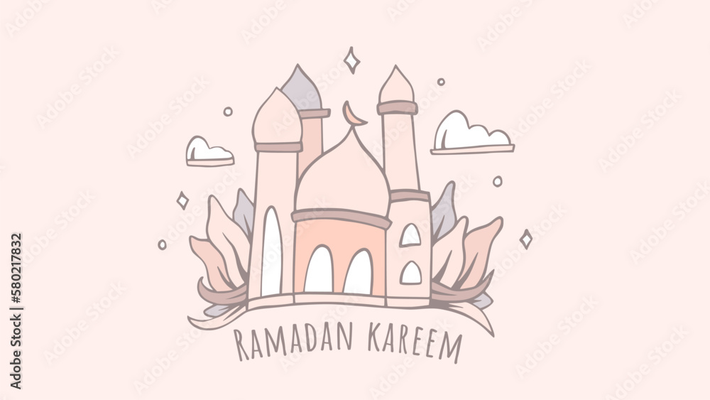 Ramadan kareem illustration with cute cartoon mosque background template