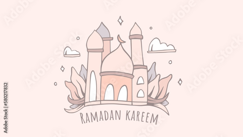 Ramadan kareem illustration with cute cartoon mosque background template © Djoyotrue