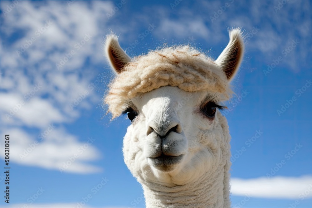 A picture of a cute white alpaca against a blue sky. Camelid from South America. Generative AI