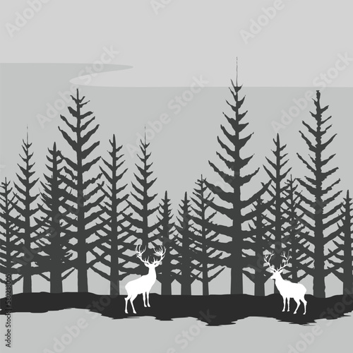 deer, pine and mountain hill of winter 