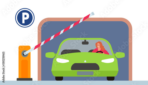 woman in car parking garage entrance with barrier vetor illustration
