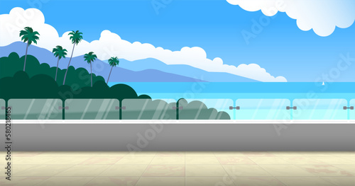 balcony view  tiles floor terrace beach  sea palms mountain seascape vector illustration