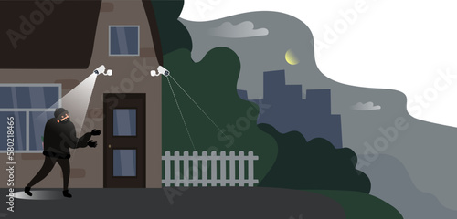 thief burglar break into house cctv surveillance camera security technology vector illustration