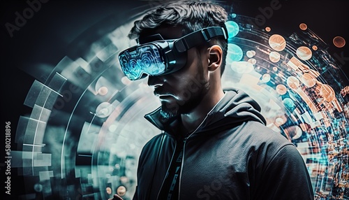 closeup Man wearing vr augmented reality in Abstract holography with data and graph background by ai generative © YuDwi Studio