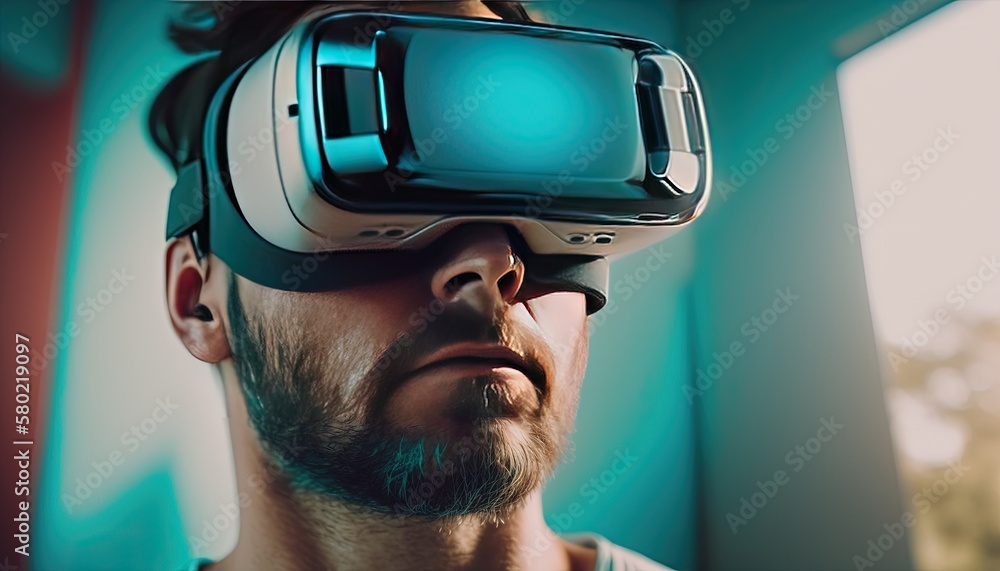 closeup Man wearing vr augmented reality by ai generative closeup Man wearing vr augmented reality by ai generative