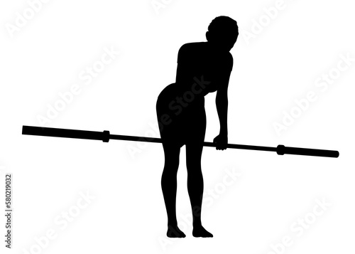 オリンピックシャフトでベントオーバーローをしている女性の斜め横向きのシルエット