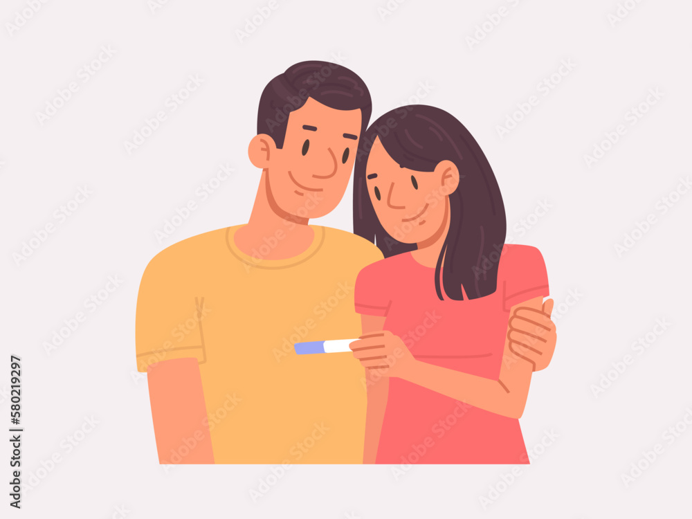 Man with a woman look at a positive pregnancy test. Happy couple found out that they would soon be parents Man with a woman look at a positive pregnancy test. Happy couple found out that they would soon be parents