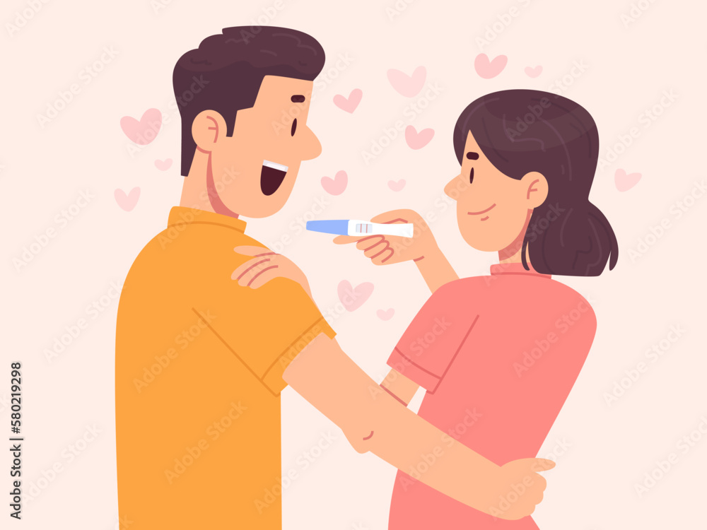 Happy husband learned from his wife that he would soon become a dad. Positive pregnancy test and a happy married couple Happy husband learned from his wife that he would soon become a dad. Positive pregnancy test and a happy married couple