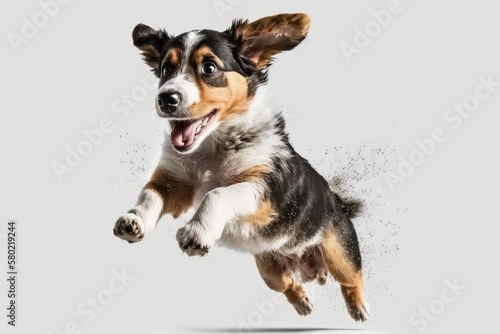 dog on a white background by itself. A single puppy on a white background. dog, puppy, doggy, pet. Cute, happy looking dog or pet is playing and having fun. The idea of action, motion, and action. cut