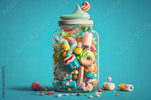 Murais de parede Numerous candy pieces of various hues and shapes overflowing a glass jar against a blue background