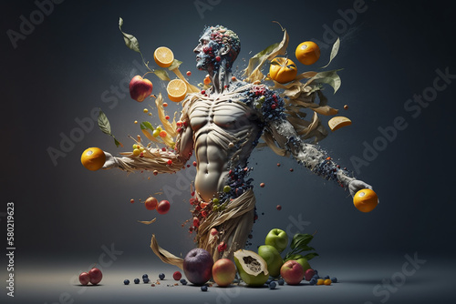 Proper nutrition food set for a healthy lifestyle. Healthy eating. Fruits vegetables pure water. organic . Diet. Calorie food. Beautiful body. Generative AI