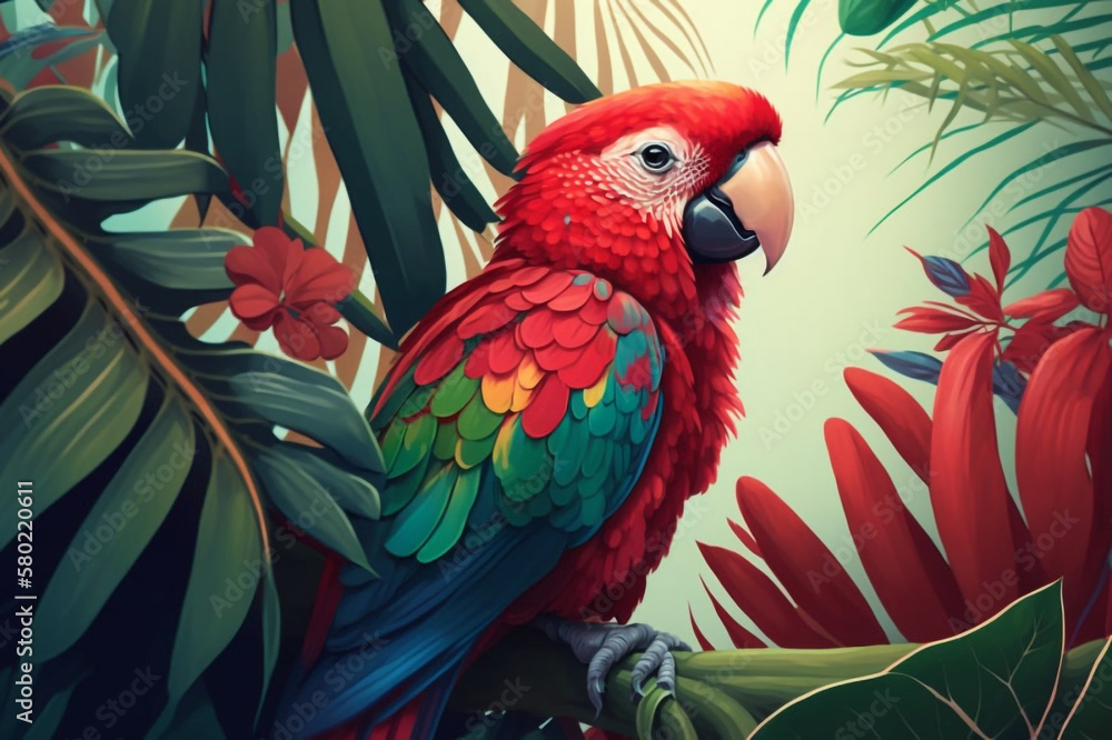 Obraz premium Realistic Illustration of a Parrot on a Perch in Lush Tropical Foliage generative ai