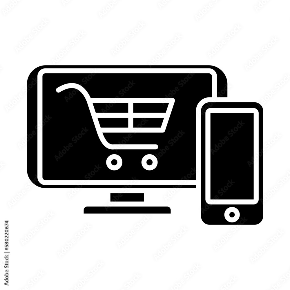 Business icon logo with online shop icon. The online shop icon is depicted with a shopping cart on a computer or mobile phone Business icon logo with online shop icon. The online shop icon is depicted with a shopping cart on a computer or mobile phone