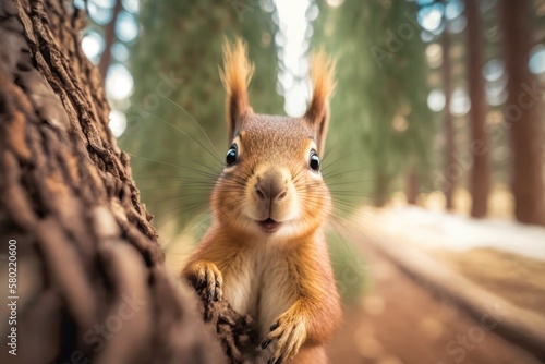 Cute, curious squirrel climbing down the trunk of a pine tree and looking at the camera with a smile. View from below, with only some of the branches in sharp focus and the rest out of focus photo