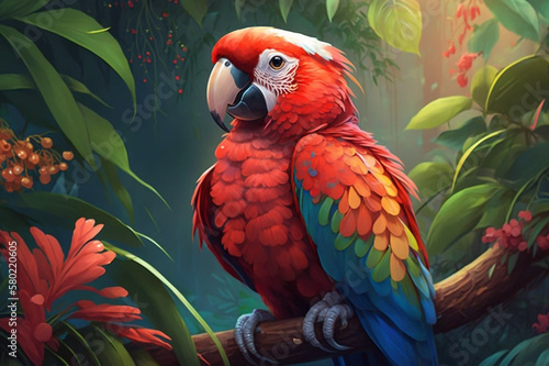 Realistic Illustration of a Parrot on a Perch in Lush Tropical Foliage generative ai