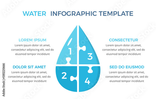 Water drop divided on four elements as puzzle pieces, water infographic template