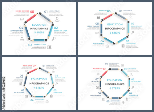 Set of education infographics templates with pencils arranged in a circle with text and icons