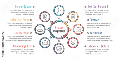 Doodle circle diagram with eight elements with place for icons and text, handdrawn infographic template