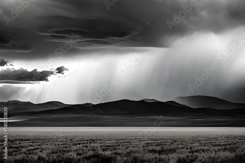 Black and white high detail illustration dark storm clouds, mountains landscape