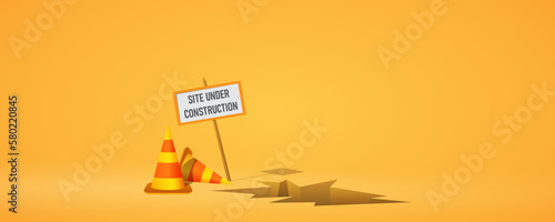 Site under construction yellow red cones and sign  warning