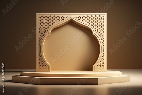 Wooden slamic ramadan podium platform for display product, presentation stage base AI Generated photo