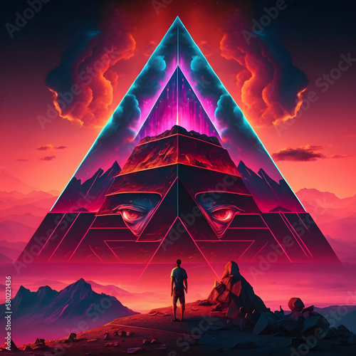 abstract synthwave background with pyramids at sunset. Ancient pyramids  a mysterious civilisation  and a magical setting. Generative AI