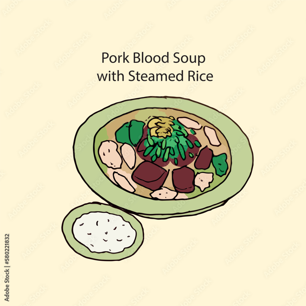 Pork Blood Soup served with streamed rice, hand drawn vector illustration Pork Blood Soup served with streamed rice, hand drawn vector illustration