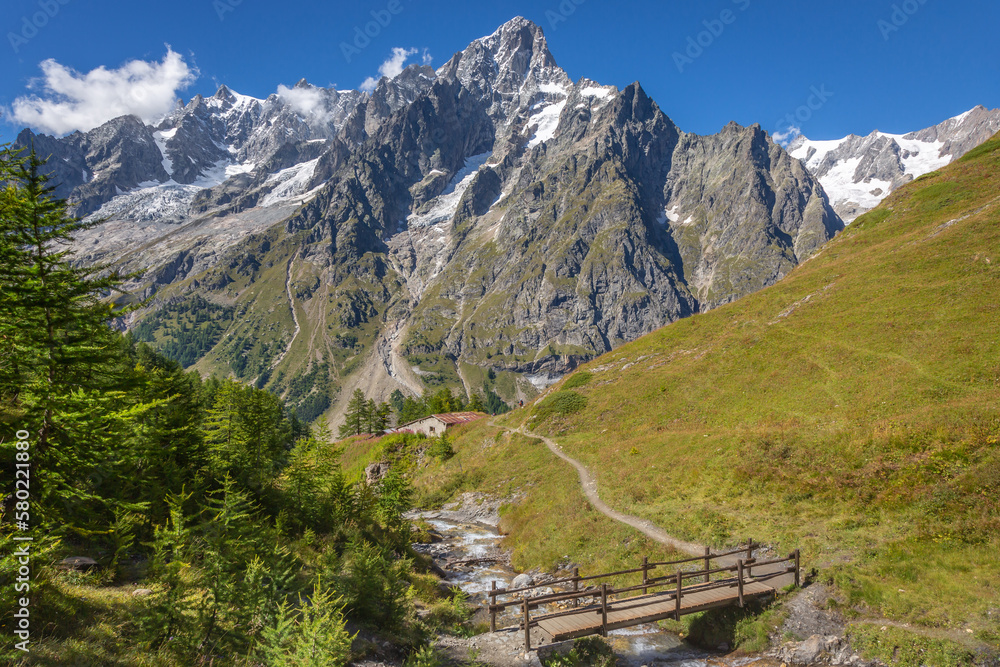 Landscape of Aosta valley near Mont Blanc massif with river and bridge, Italy Landscape of Aosta valley near Mont Blanc massif with river and bridge, Italy